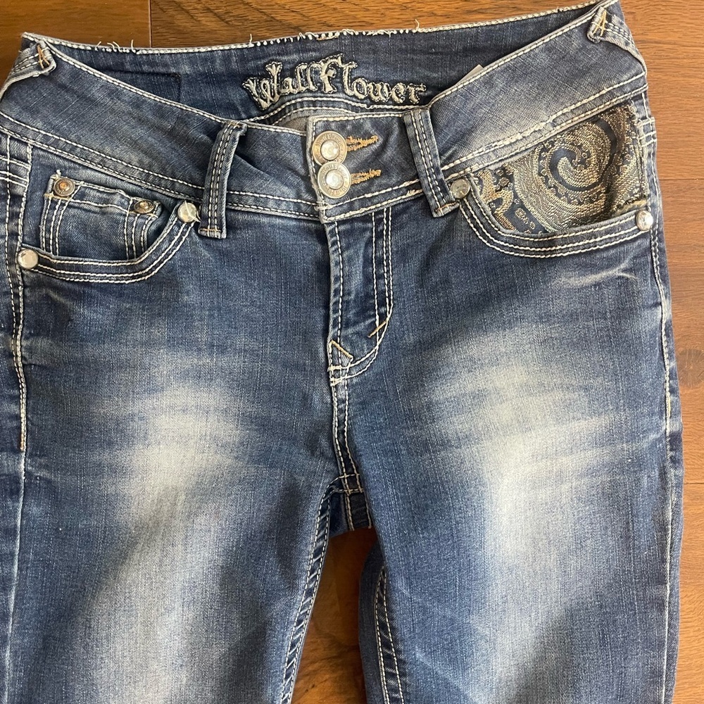 Wallflower Upcycled Bell Bottom Boho Jeans Sz3 Unique Handcrafted Paisley Design - Picture 5 of 15